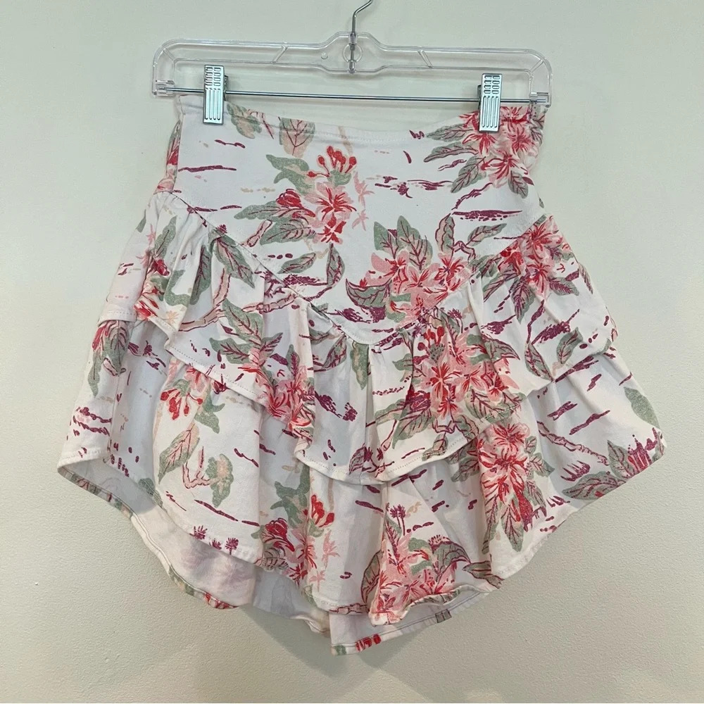 Mother The Ruffle White Hawaiian Summer Beach Print Denim Mini Skirt in Aloha 26 - Picture 4 of 7